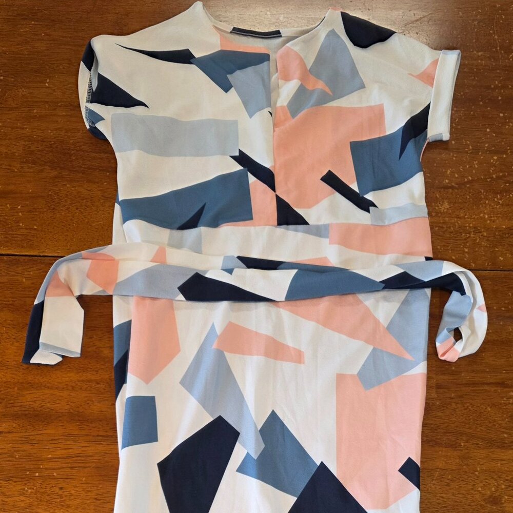 Geometric Print Belted Shift Dress Blue Pink White Abstract Mini Tunic sz S/M